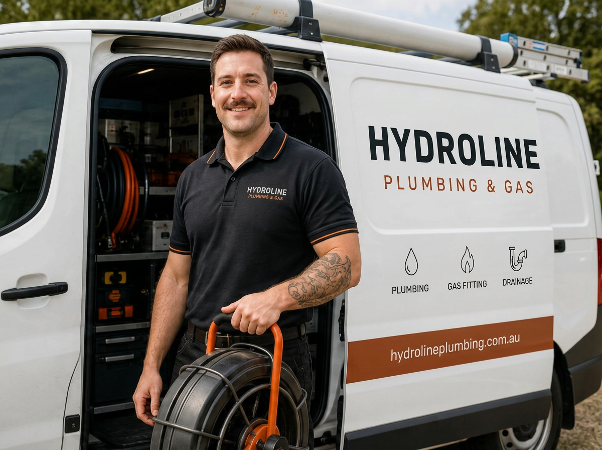 Hydroline plumber in a branded polo with a drain cleaning reel beside a signwritten Hydroline Plumbing & Gas service van